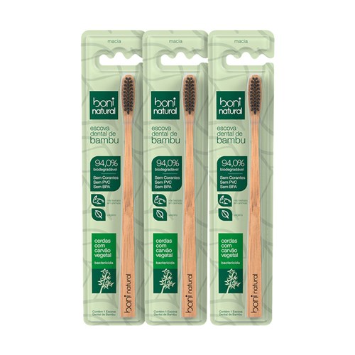 Kit 3 Escovas Dentais Naturais de Bambu com Cerdas de Carvão Vegetal ¿ Boni Natural