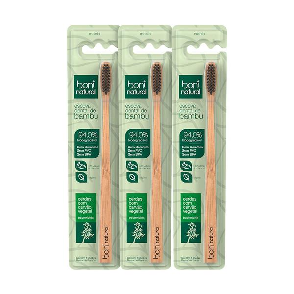 Kit 3 Escovas Dentais Naturais de Bambu com Cerdas de Carvão Vegetal Boni Natural