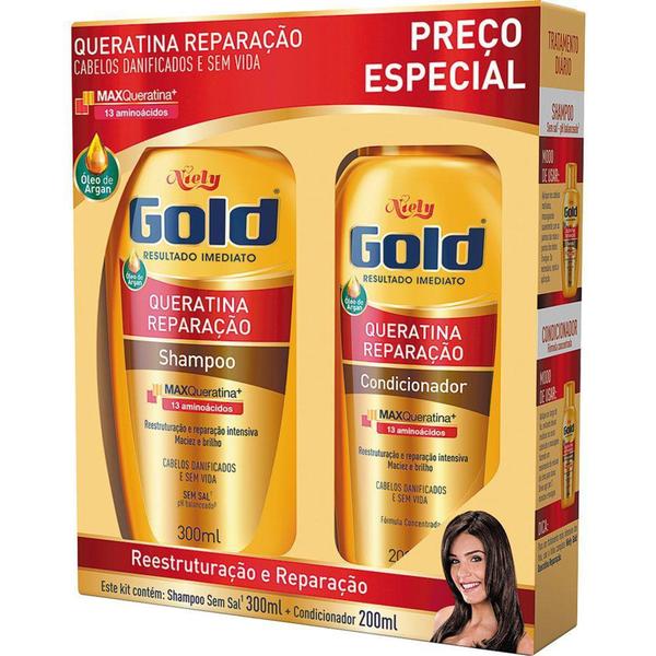 Kit Especial Shampoo + Condicionador Niely Gold Queratina Reparação 500ml