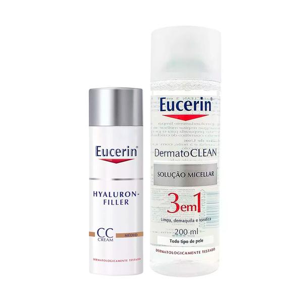 Kit Eucerin CC Cream Hyaluron-Filler FPS15 Médio + Solução Micelar Dermatoclean