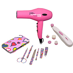 Kit Feminino Secador Rosa + Massageador Facial e Kit Manicure Lizz