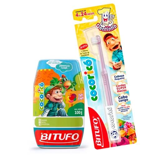 Kit Bitufo Cocoricó Gel Dental Sem Flúor 100g + Escova Dental 1º Dentinho