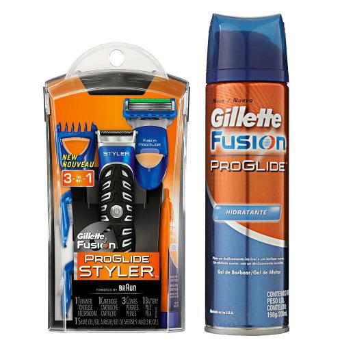 Kit Gillette Aparelho Barbeador Styler + Acessórios + Gel de Barbear Fusion Proglide Hidratante 198g