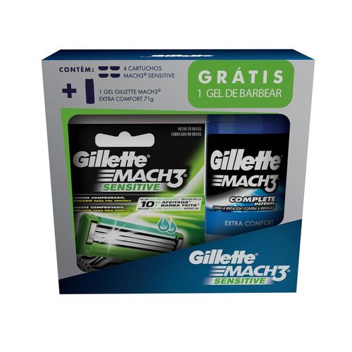 Kit Gillette Carga Mach 3 Sensitive - 4 Unidades + Mini Gel de Barbear Pele Sensível 71g