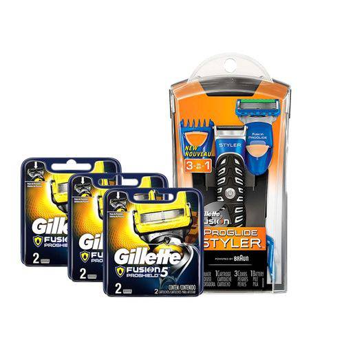 Kit Gillette com Aparelho de Barbear Proglide Styler + 6 Cargas Fusion Proshield