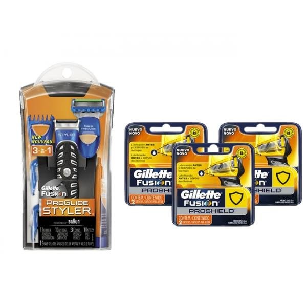 Kit Gillette com Aparelho de Barbear Proglide Styler + 6 Cargas Fusion Proshield