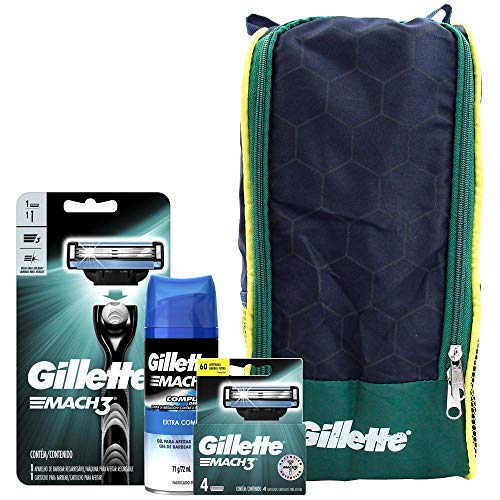 Kit Gillette Mach 3 + 2 Cargas + Gel de Barbear + Aparelho + Porta Chuteira