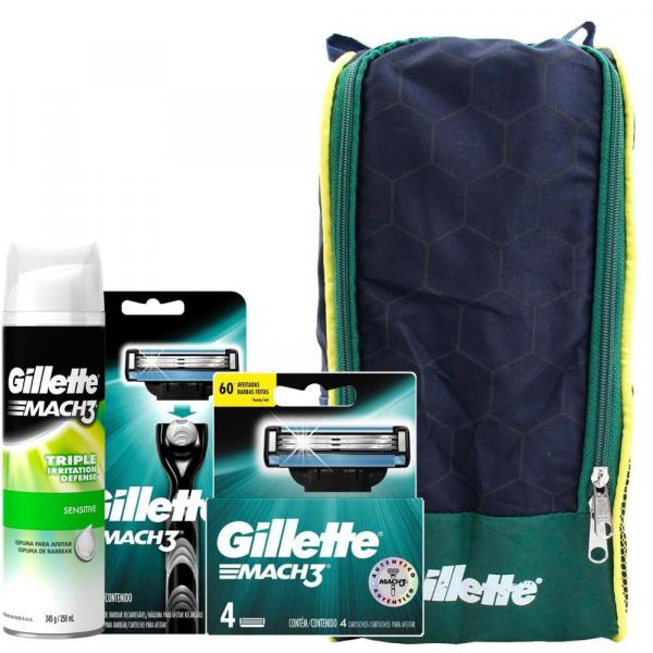 Kit Gillette Mach3: 1 Aparelho + 4 Cargas + 1 Espuma Sensitive 245g + Porta Chuteira