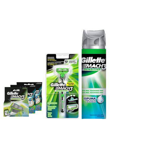 Kit Gillette Mach3: 1 Aparelho Sensitive + 8 Cargas Regulares + 2 Cargas Sensitive + Espuma de Barbe