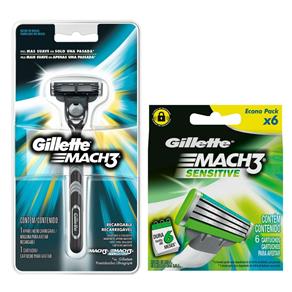 Kit Gillette Mach3 Aparelho Barbeador 1 Unidade + Carga Sensitive 6 Unidades