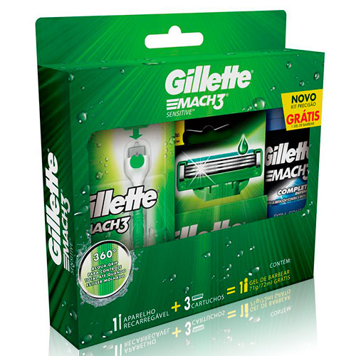 Kit Gillette Mach3 Aqua-Grip Sensitive + 2 Cargas + Gel de Barbear Complete Defense 72 Ml