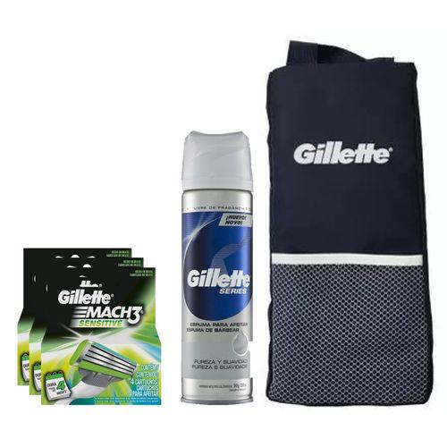 Kit Gillette Sensitive: Espuma 245g + 3 Cargas Mach3 C/ 4 + Porta Chuteira