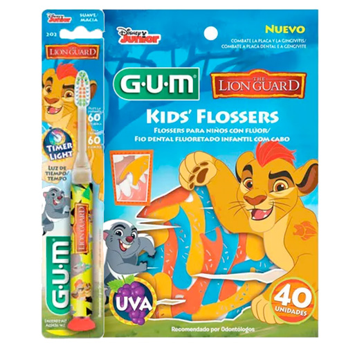Kit Gum Disney Escova Dental a Guarda do Leão Light + Flosser Fio Dental Infantil 40 Unidades
