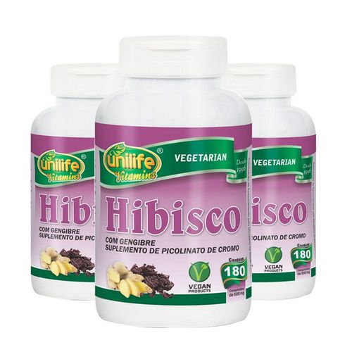 Kit 3 Hibisco com Gengibre 500mg Unilife 180 Comprimidos