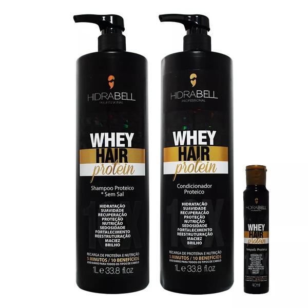 Kit Hidrabell Whey Hair Protein Sh 1L + Cond 1L + Amp 40Ml