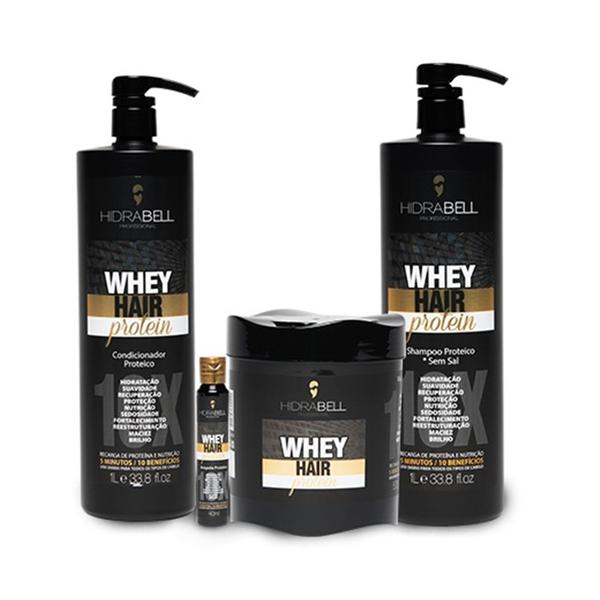 Kit Hidrabell Whey Hair Protein Sh 1L + Cond 1L + Másc 500G + Amp 40Ml