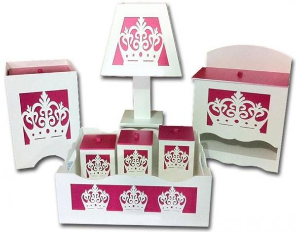 Kit Higiene para Bebê em MDF Coroa Branco com Pink - Canaã Artesanatos