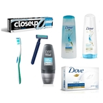 Kit Higiene Pessoal Masculino shampoo Condicionador Sabonete Dove Rolon Pasta Escova Dental Barbeador