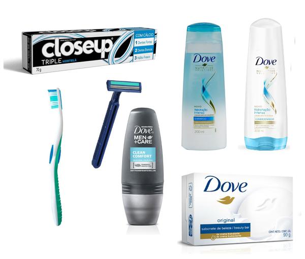 Kit Higiene Pessoal Masculino Shampoo Condicionador Sabonete Dove Rolon Pasta Escova Dental Brinde Barbeador