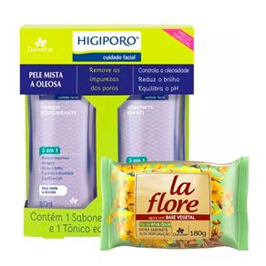Kit Higiporo Pele Mista a Oleosa Sabonete Facial 120g + Tônico 120ml Ganhe Sabonete La Flore Flor de Cereja 180g