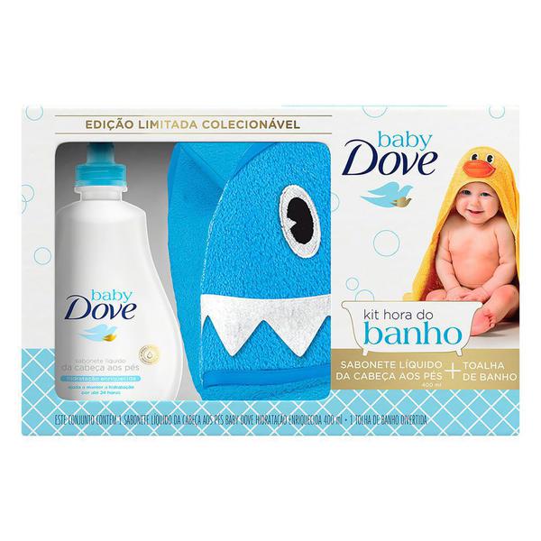 Kit Hora do Banho Dove Baby Sabonete Líquido Hidratação Enriquecida 400ml + Toalha de Banho Baby Tubarão