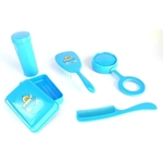 Kit infantil para banho com escova, pente, chocalho, saboneteira e porta-cotonetes azul