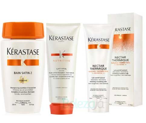 Kit Kérastase Shampoo Bain Satin 2 250ml + Condicionador Lait Vital 200ml + Protetor Térmico Nectar Thermique 150ml