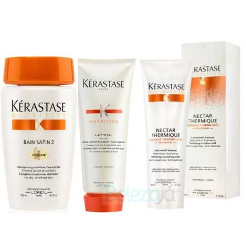 Kit Kérastase Shampoo Bain Satin 2 250ml + Condicionador Lait Vital 200ml + Protetor Térmico Nectar