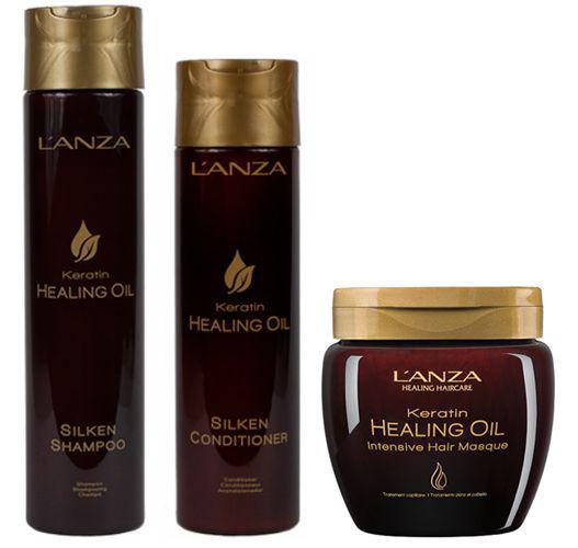 Kit Keratin Healing Oil Shampoo, Condicionador Lustrous e Intensive Hair Masque Lanza