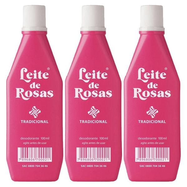 Kit 3 Leite de Rosas Desodorante Tradicional Limpa e Tonifica Sua Pele 100ml