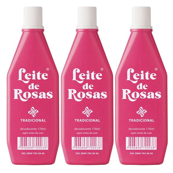 Kit 3 Leite de Rosas Desodorante Tradicional Limpa e Tonifica Sua Pele 170ml