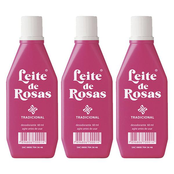Kit 3 Leite de Rosas Desodorante Tradicional Limpa e Tonifica Sua Pele 60ml