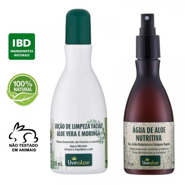 Kit Loção de Limpeza Facial Natural 210ml + Água de Aloe Nutritiva Natural com Ácido Hialurônico 120ml - Livealoe