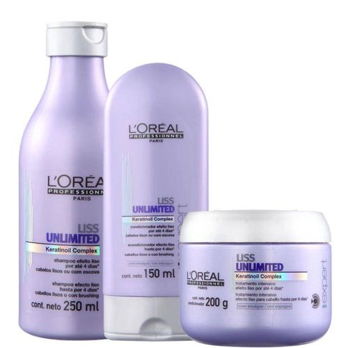 Kit Loréal Professionnel Liss Unlimited Shampoo 250ml + Condicionador 150ml + Máscara 200ml