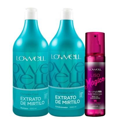 Kit Lowell Extrato de Mirtilo 1 Shampoo1000ml + 1 Condic. 1000ml + 1 Fluído Trat. 200ml