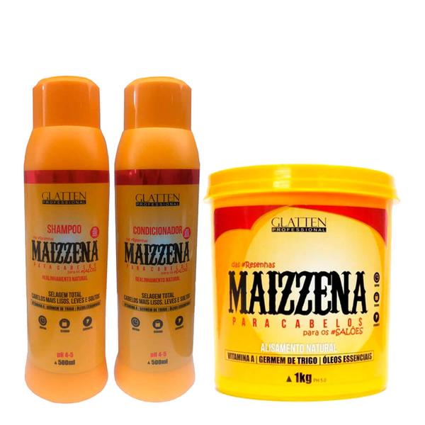 Kit Maizzena Glatten Professional Shampoo 500ml, Condicionador 500ml e Creme Alisante 1Kg