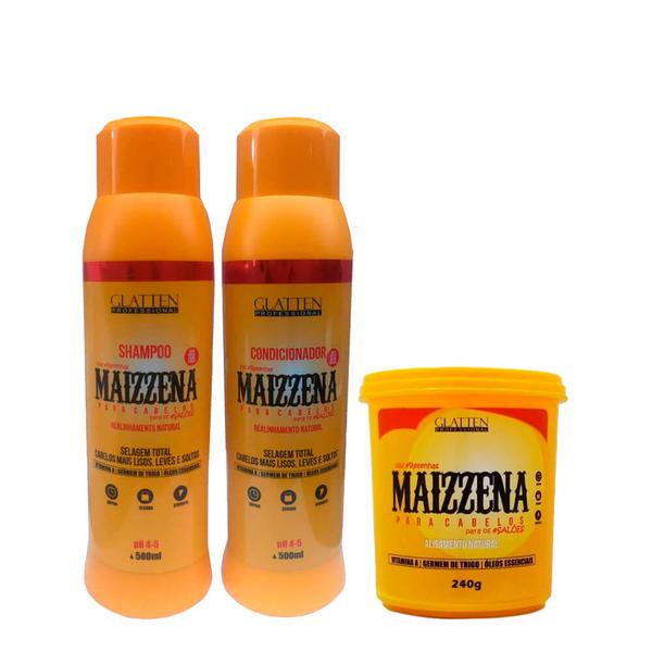 Kit Maizzena Glatten Professional Shampoo 500ml, Condicionador 500ml e Creme Alisante 240g