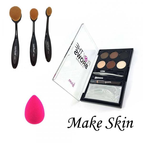 Kit Make Skin Esponja Gota, 3 Pincéis Oval e Kit Sobrancelha Completo - Importado