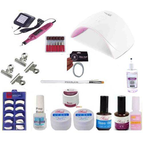 Kit Manicure Unhas Gel + Fibra Tips Sun Cabine Bivolt + Spray Prep Bactericida + Pó Acrilico Acrigel