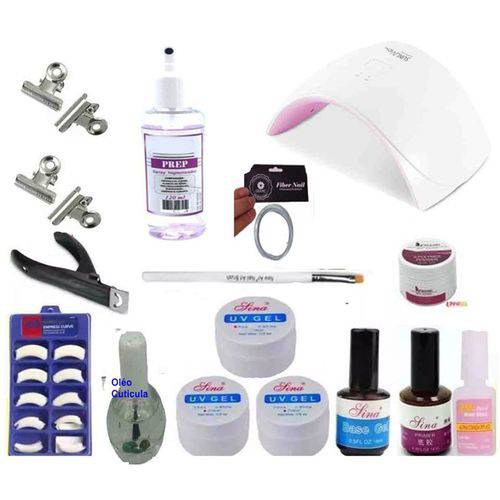 Kit Manicure Unhas Gel Sina Original + Fibra Tips Sun Cabine Bivolt + Spray Prep Bactericida + Pó Acrilico