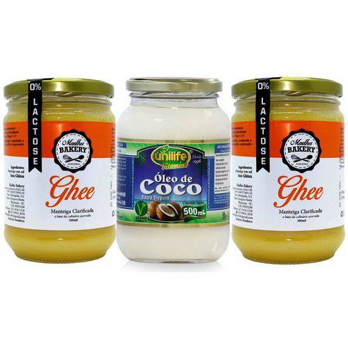 Kit 2 Manteiga Ghee Clarificada 500ml+ 1 Oleo de Coco Extra Virgem 500ml +