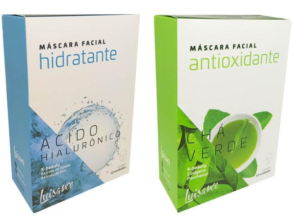 Kit Máscara Facial Hidratante Ácido Hialurônico e Chá Verde Antioxidante Luisance em Caixa Display