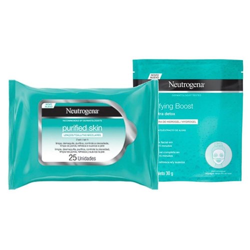 Kit Máscara Hidrogel Neutrogena Purifying Boost 30ml + Lenço Micelar Purified Skin 7 em 1