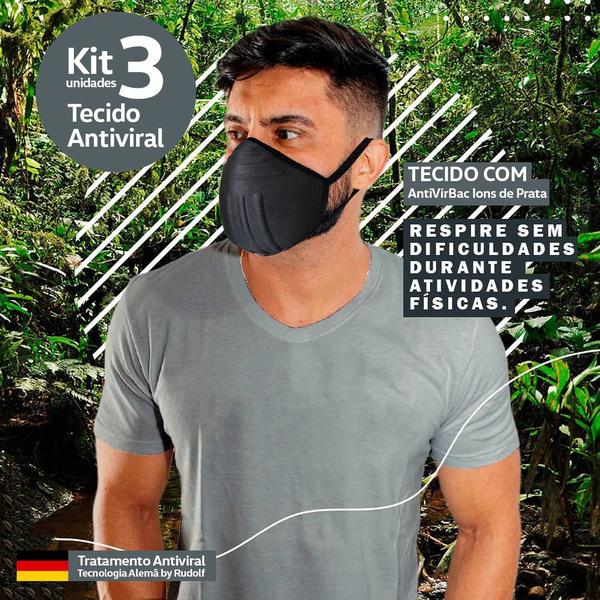 Kit 3 Máscaras Tecido AntiVirBac Filtragem Compatível N95 Lavável Anatômica Íons de Prata Preta - Brasilm