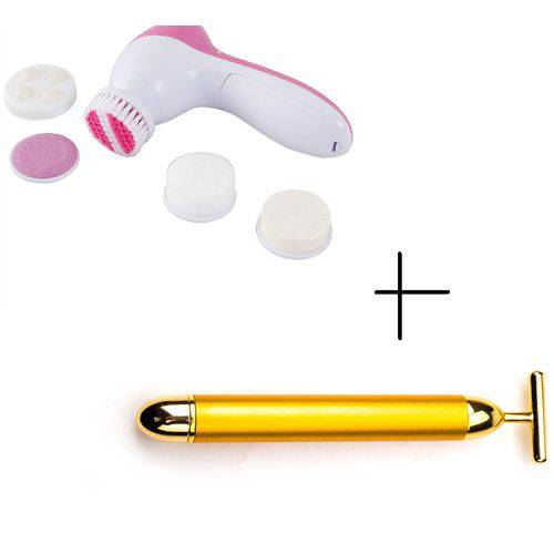 Kit Massageador Facial Anti Rugas Ouro 24k Energy Beauty + Aparelho de Limpeza Facial 5 em 1