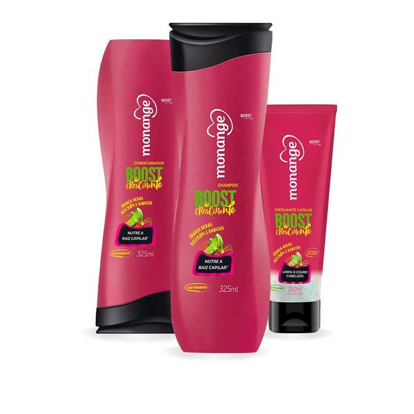 Kit Monange Boost de Crescimento Pré-Shampoo Esfoliante 150ml, Shampoo 325ml e Condicionador 325ml
