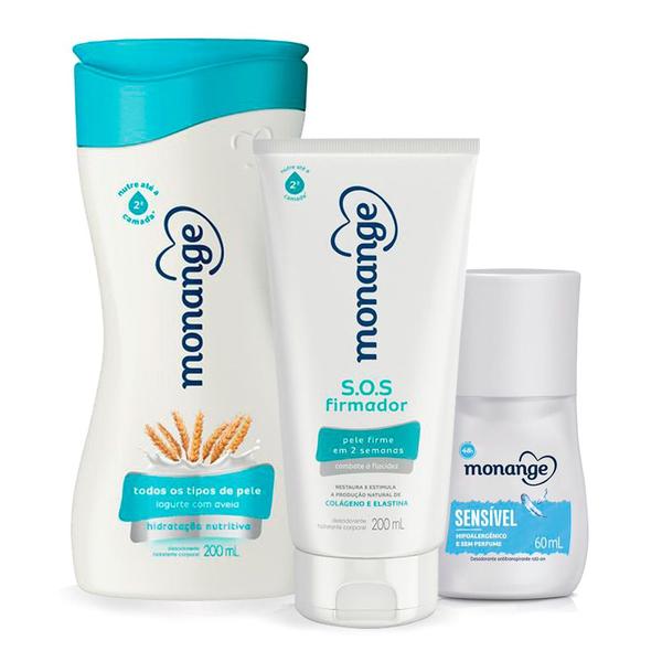 Kit Monange: Desodorante Roll-On Feminino Sensível 60ml, Hidratante SOS Firmador e Hidratação Nutritiva 200ml