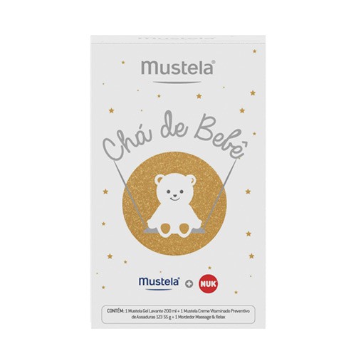 Kit Mustela Chá de Bebê Gel Lavante 200ml + Creme Vitaminado 123 55g + Mordedor Massage & Relax