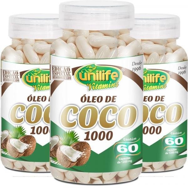 Kit 3 Óleo de Coco Extra Virgem 1200mg Unilife 60 Cápsulas