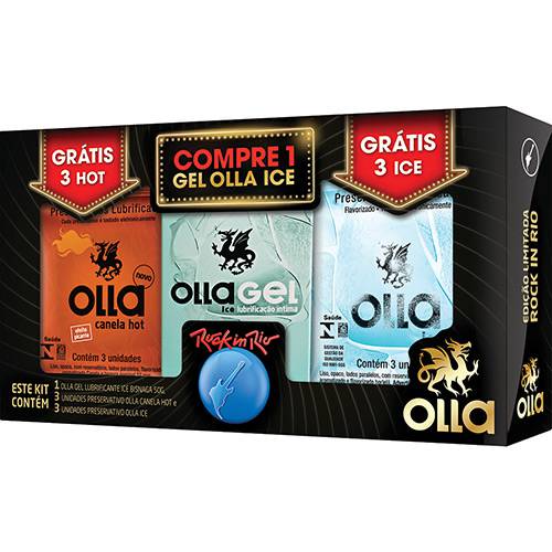 Kit Olla - Compre 1 Gel Lubrificante Ice 50g Grátis 3 Preservativos Canela Hot + 3 Preservativos Ice